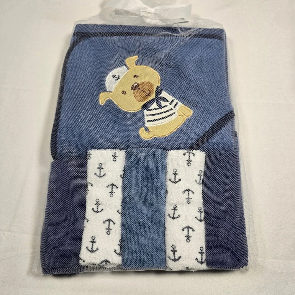 Nautical Navy baby Hooded Towel and Washcloth Set Blue Sailor Puppy Dog 4 Piece
